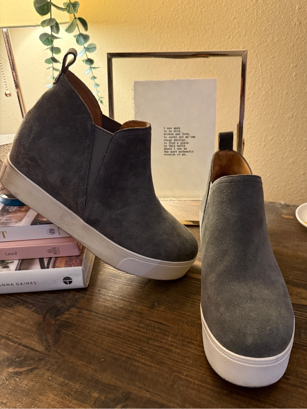 Wedge Platform Slip-On Sneakers in Charcoal Suede